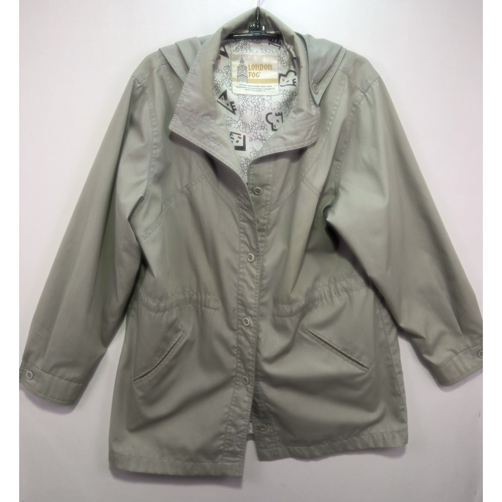 VTG London Fog Womens 10 Rain Jacket Hooded Gray Geometric Lined Coat